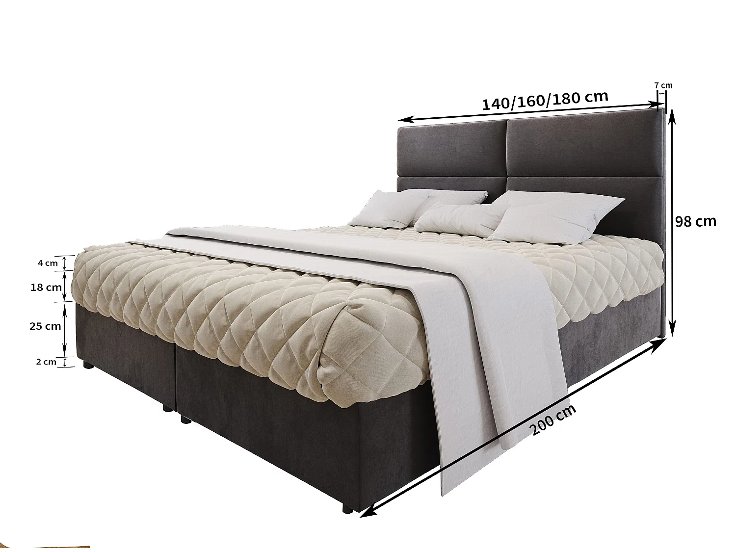 Boxspringbed LONIS 160x200 cm Set met hoofdbord, bedbodem en matras, Grijs