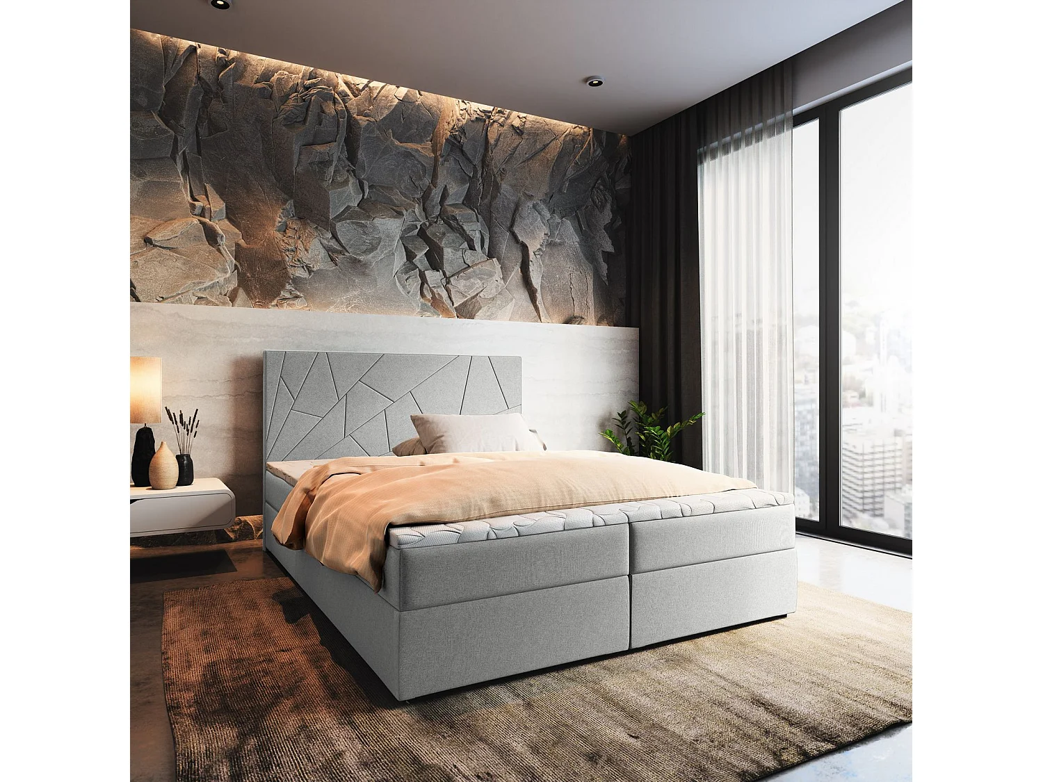 Boxspringbed MADO 140x200 cm Set met hoofdbord, bedbodem en matras, Lichtgrijs