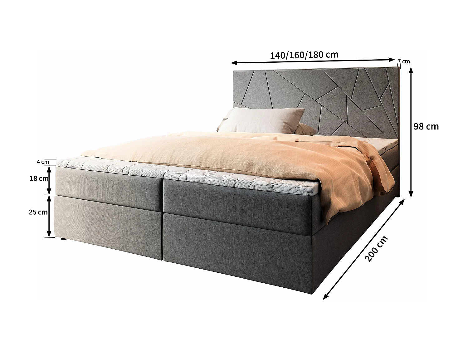 Boxspringbed MADO 140x200 cm Set met hoofdbord, bedbodem en matras, Lichtgrijs