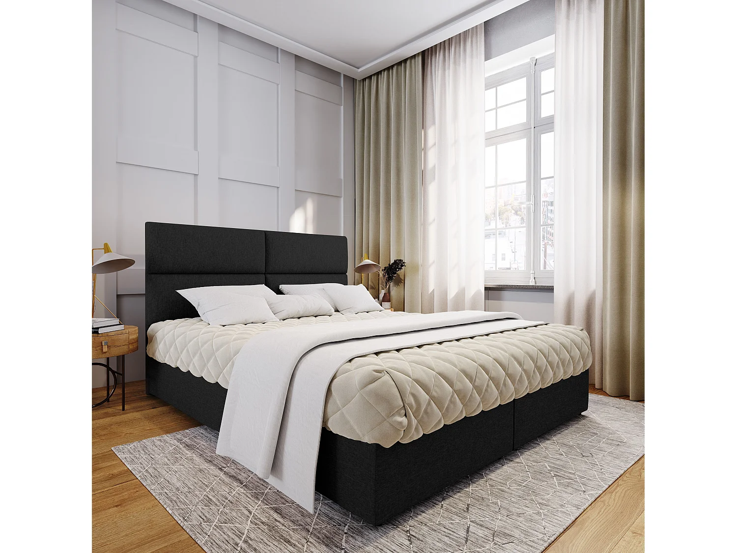 Boxspringbed LONIS 180x200 cm Set met hoofdbord, bedbodem en matras, Zwart