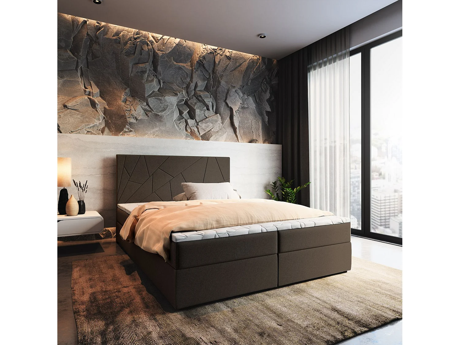 Boxspringbed MADO 180x200 cm Set met hoofdbord, bedbodem en matras, Bruin