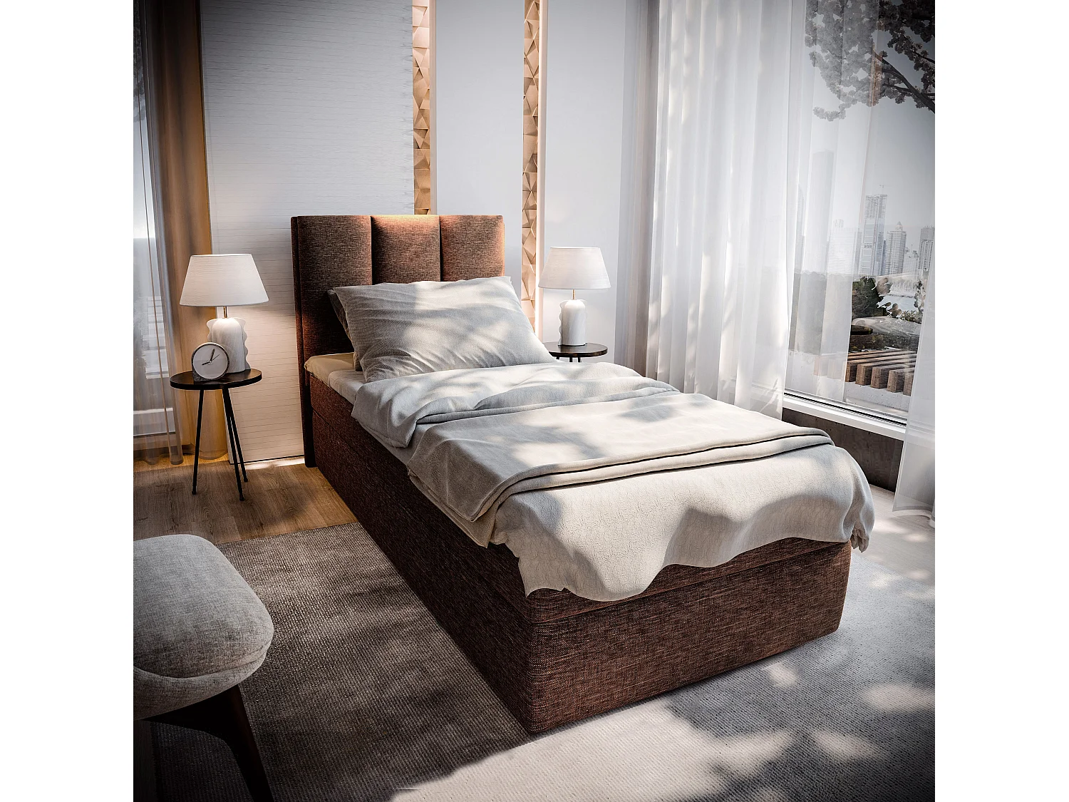 Boxspringbed MERIL 90x200 cm Set met hoofdbord, bedbodem en matras, Bruin