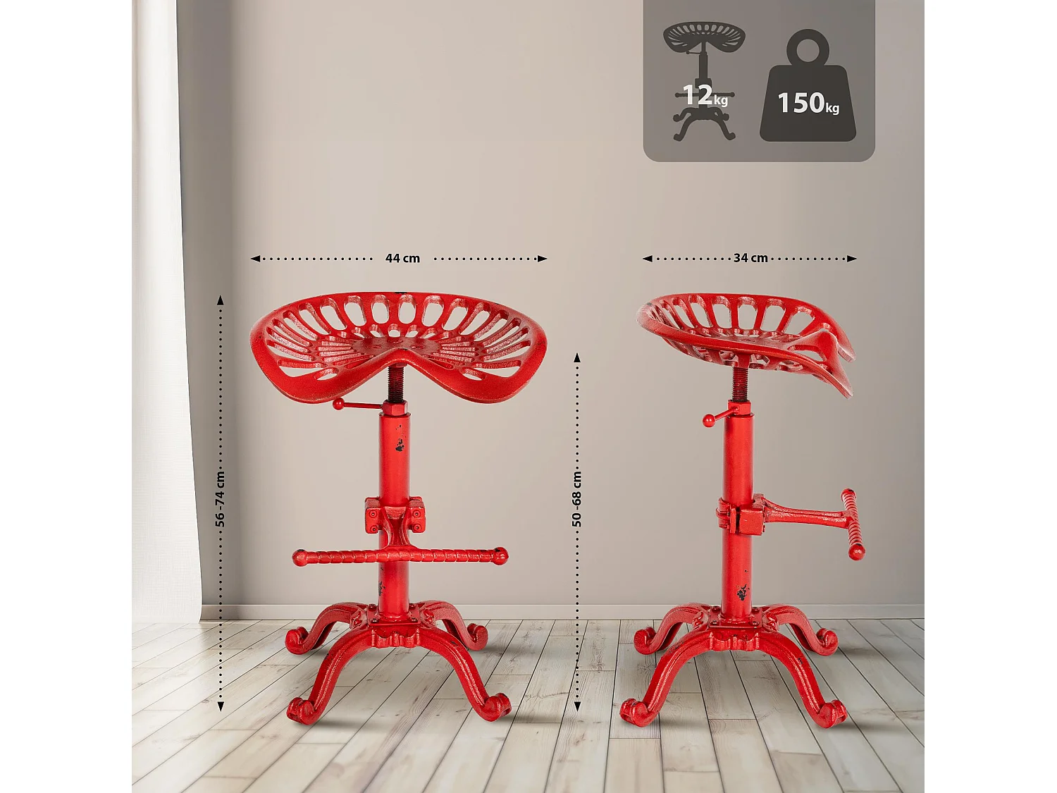 Lot de 2  Tabouret de bar - Métal & Gris - Rouge - Butch