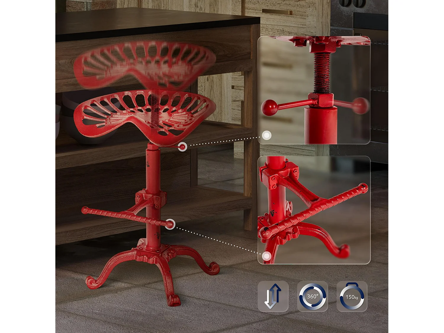 Lot de 2  Tabouret de bar - Métal & Gris - Rouge - Butch