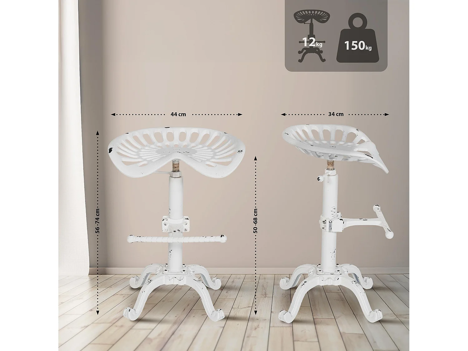 Lot de 2  Tabouret de bar - Métal & Antique clair - Blanc antique - Butch