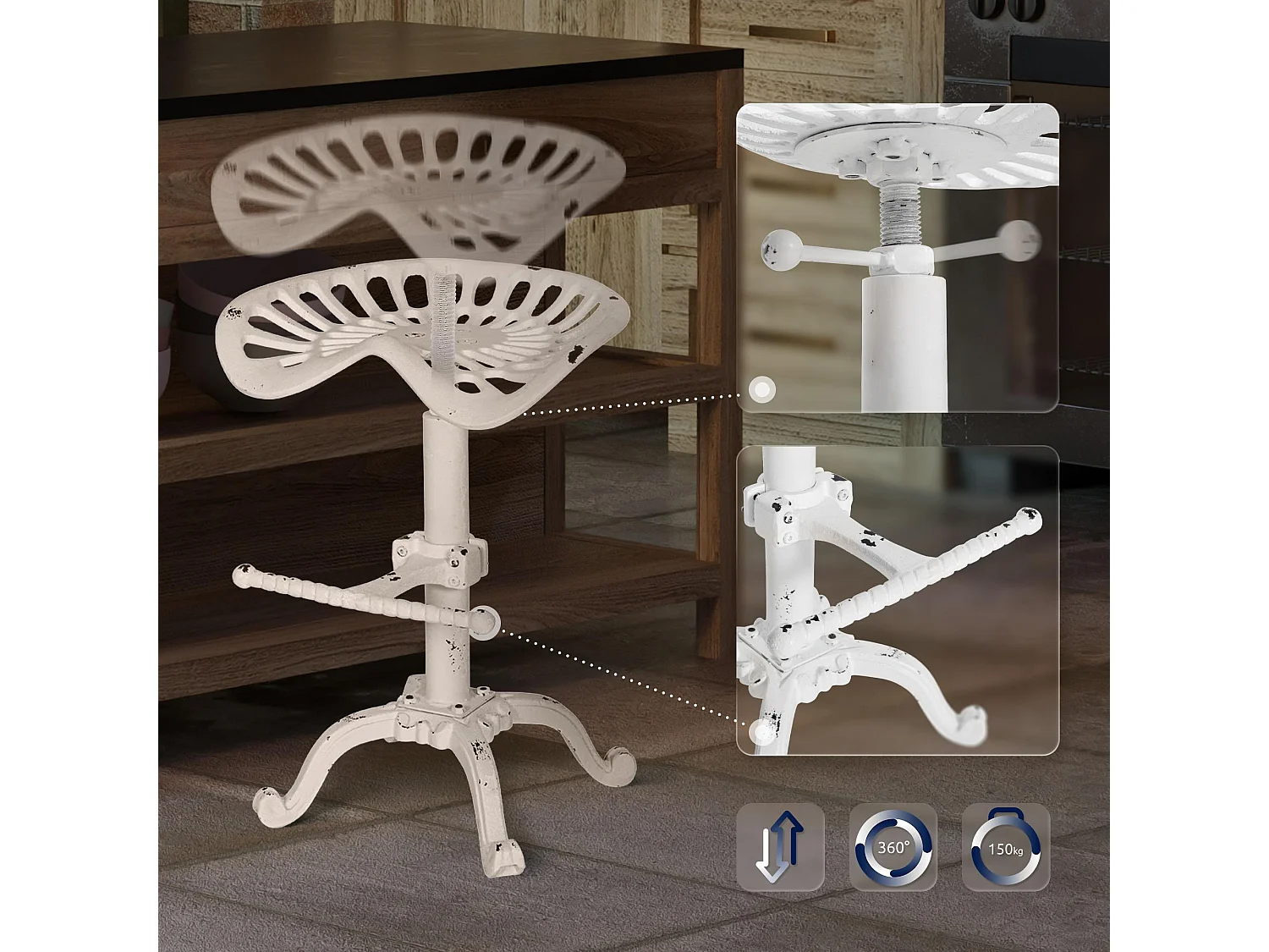 Lot de 2  Tabouret de bar - Métal & Antique clair - Blanc antique - Butch