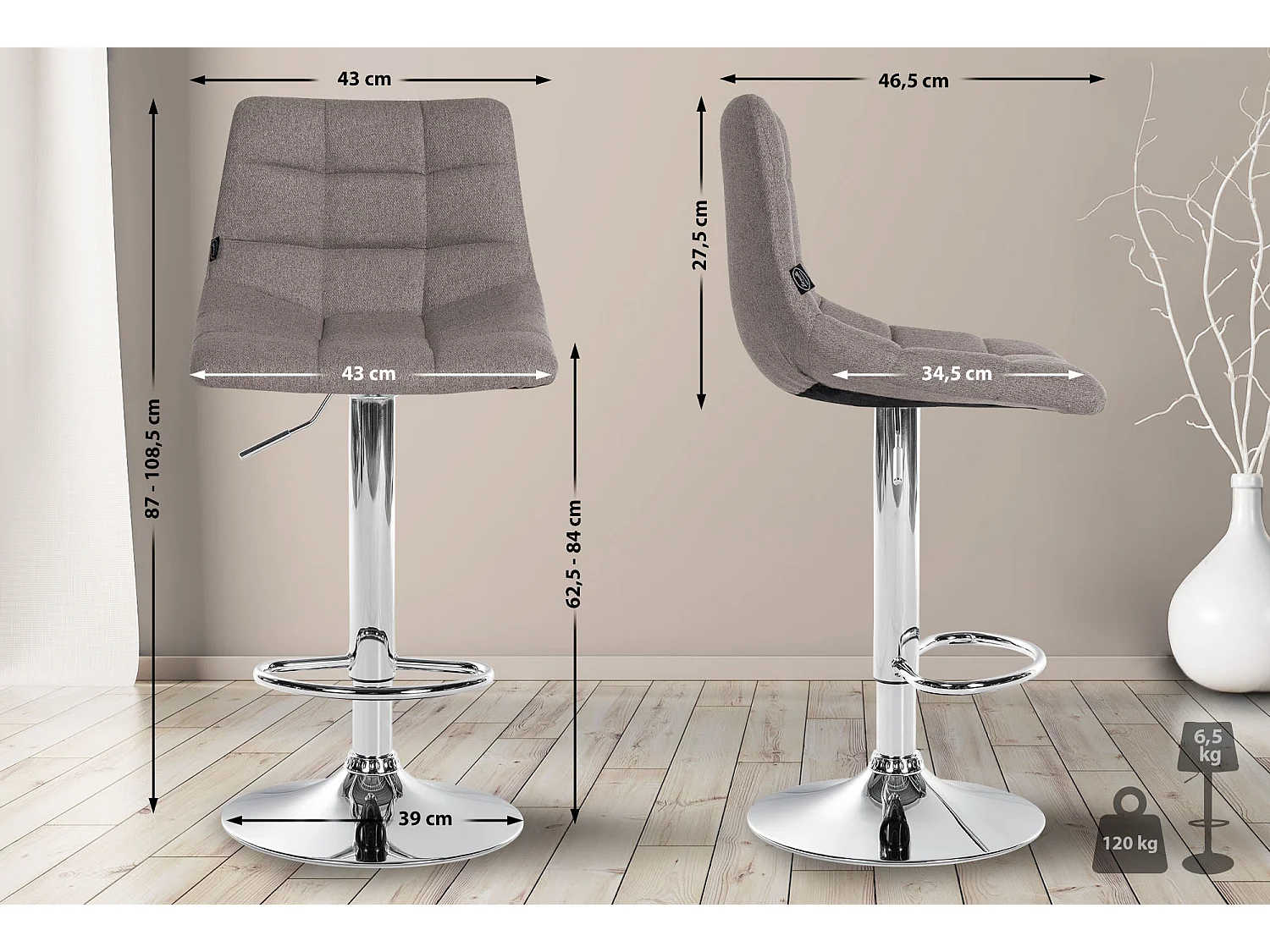 Tabouret de bar - Tissu & Métal - Gris - Jerry