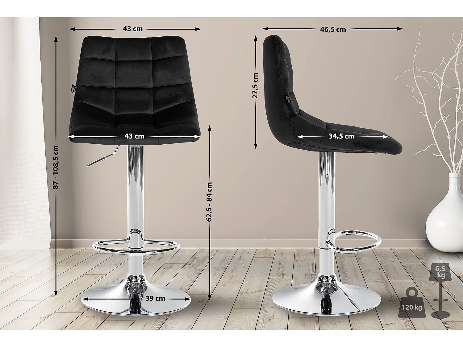 Lot de 2  Tabouret de bar - Velours & Métal - Noir - Jerry