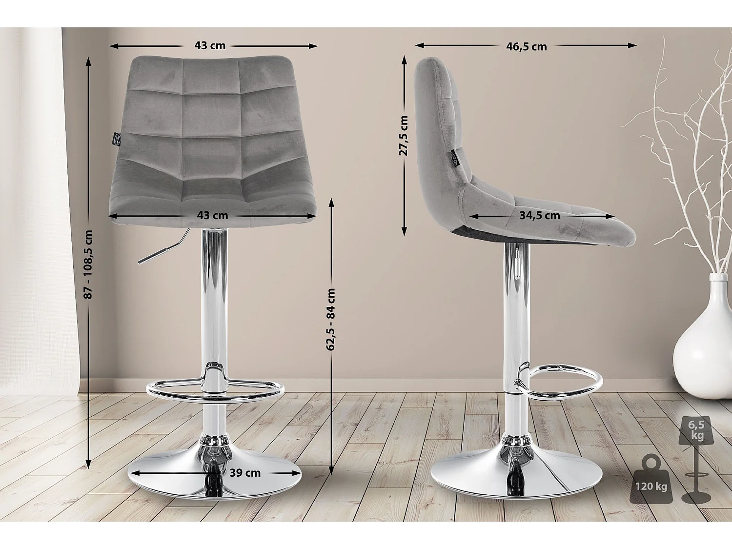 Lot de 2  Tabouret de bar - Velours & Métal - Gris - Jerry