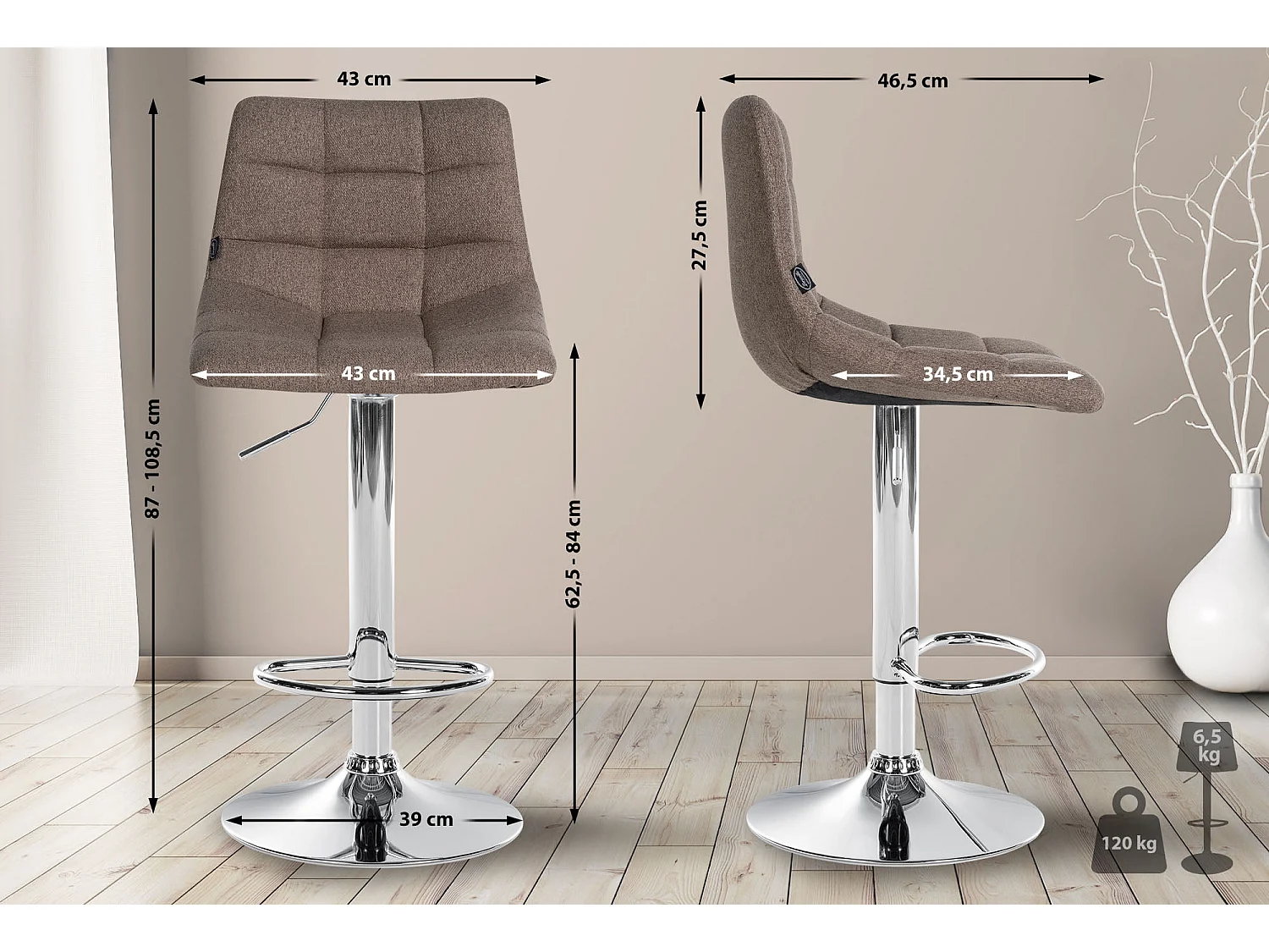 Tabouret de bar - Tissu & Métal - Taupe - Jerry