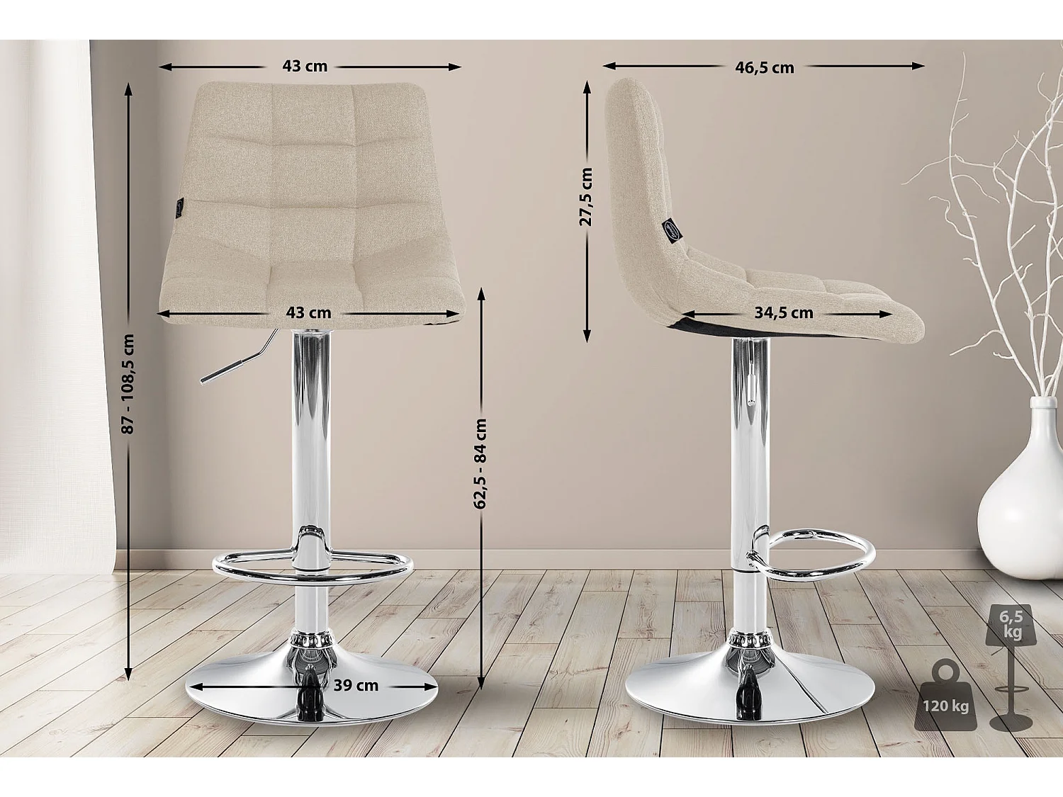 Tabouret de bar - Tissu & Métal - Crème - Jerry