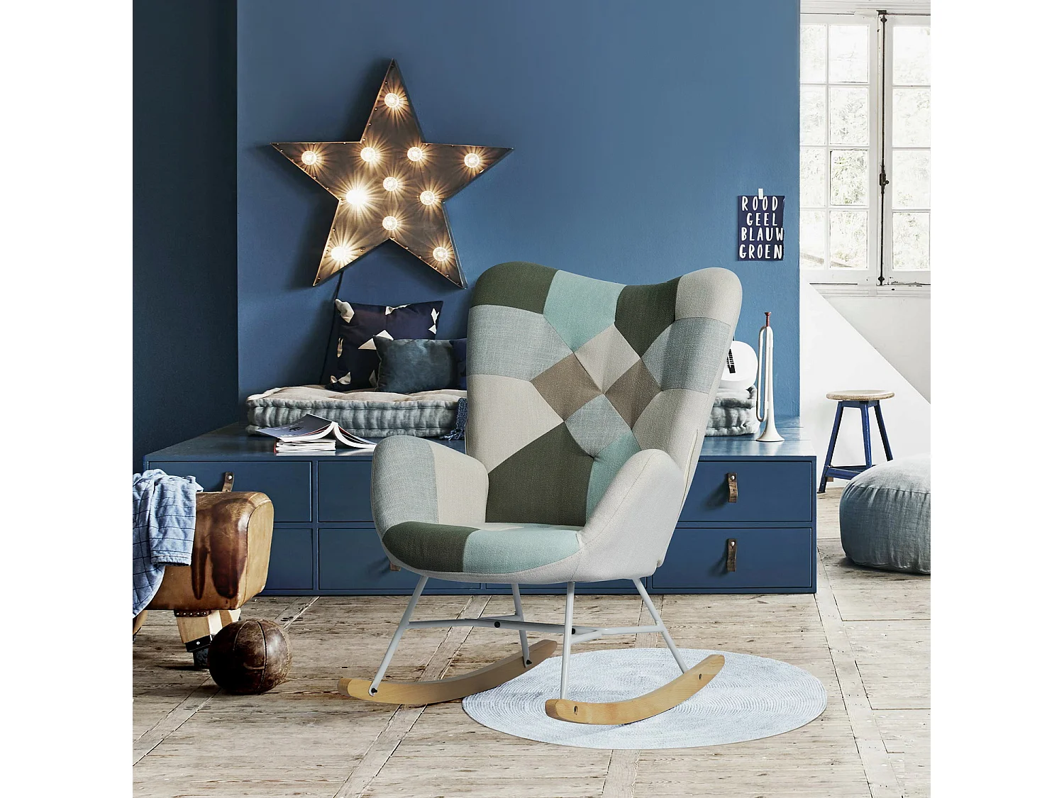 MEUBLES COSY Fauteuil à bascule allaitement scandinave rocking chaise loisir et repos en tissu patchwork avec pieds en bois massif et métal