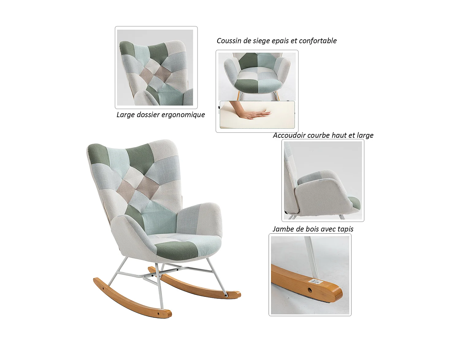 MEUBLES COSY Fauteuil à bascule allaitement scandinave rocking chaise loisir et repos en tissu patchwork avec pieds en bois massif et métal