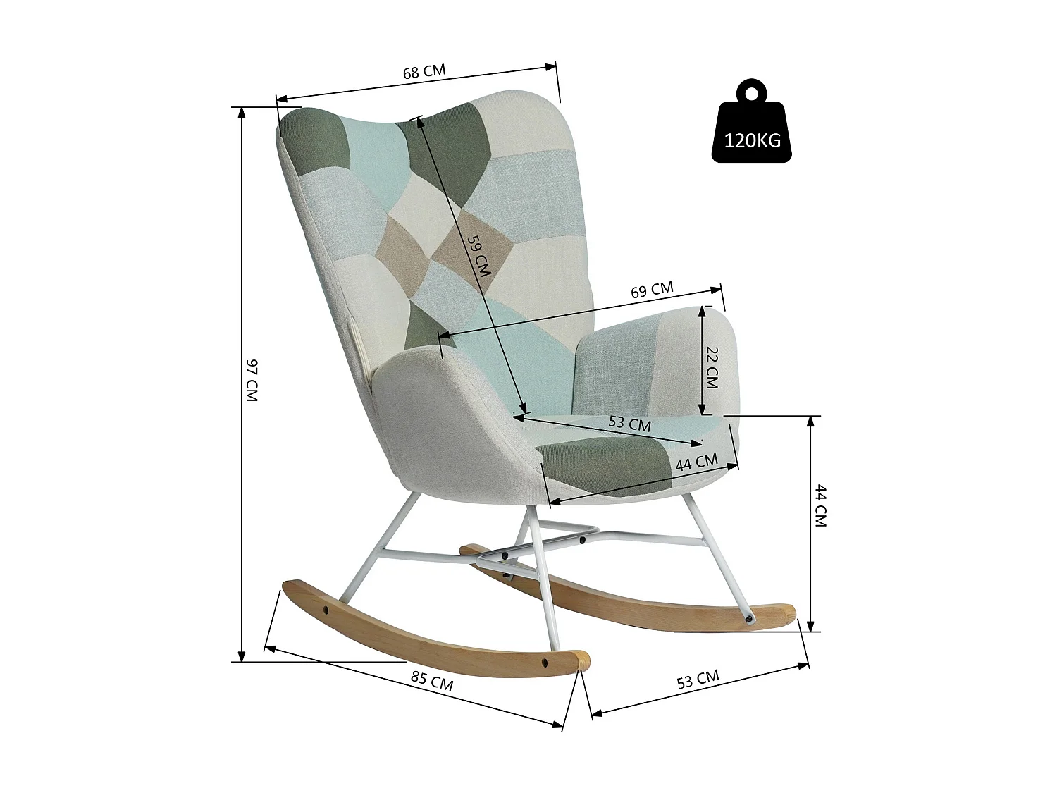 MEUBLES COSY Fauteuil à bascule allaitement scandinave rocking chaise loisir et repos en tissu patchwork avec pieds en bois massif et métal