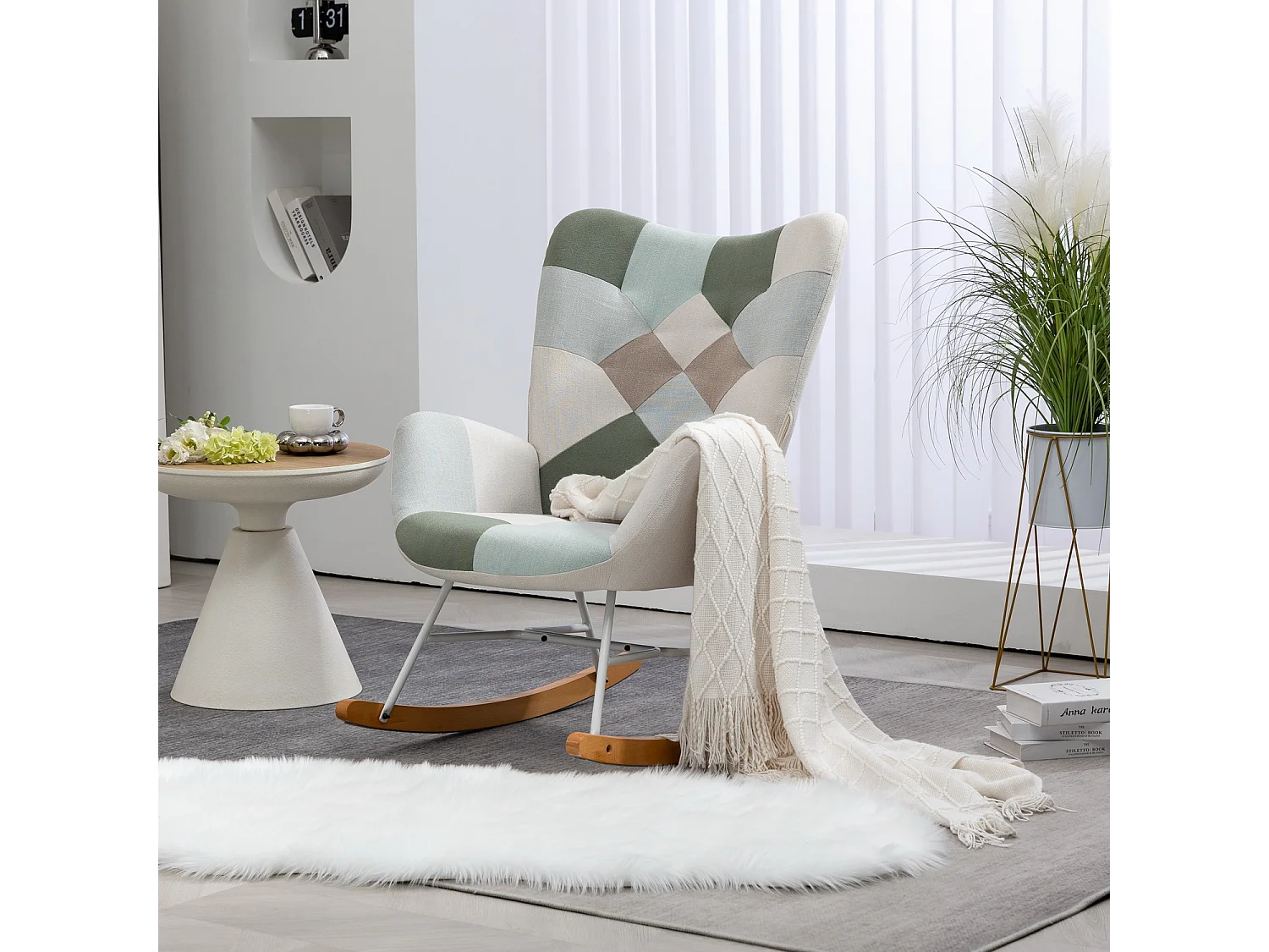 MEUBLES COSY Fauteuil à bascule allaitement scandinave rocking chaise loisir et repos en tissu patchwork avec pieds en bois massif et métal