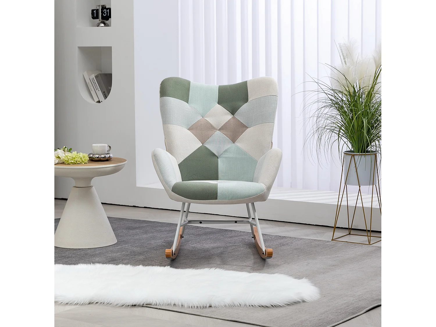 MEUBLES COSY Fauteuil à bascule allaitement scandinave rocking chaise loisir et repos en tissu patchwork avec pieds en bois massif et métal