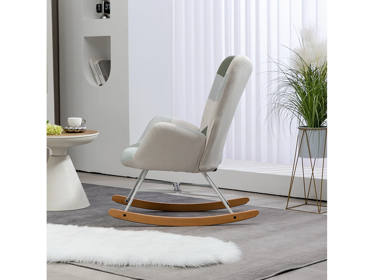 MEUBLES COSY Fauteuil à bascule allaitement scandinave rocking chaise loisir et repos en tissu patchwork avec pieds en bois massif et métal