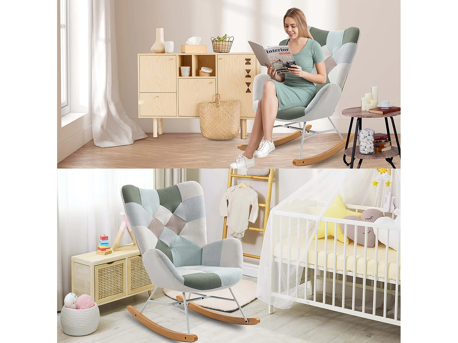 MEUBLES COSY Fauteuil à bascule allaitement scandinave rocking chaise loisir et repos en tissu patchwork avec pieds en bois massif et métal