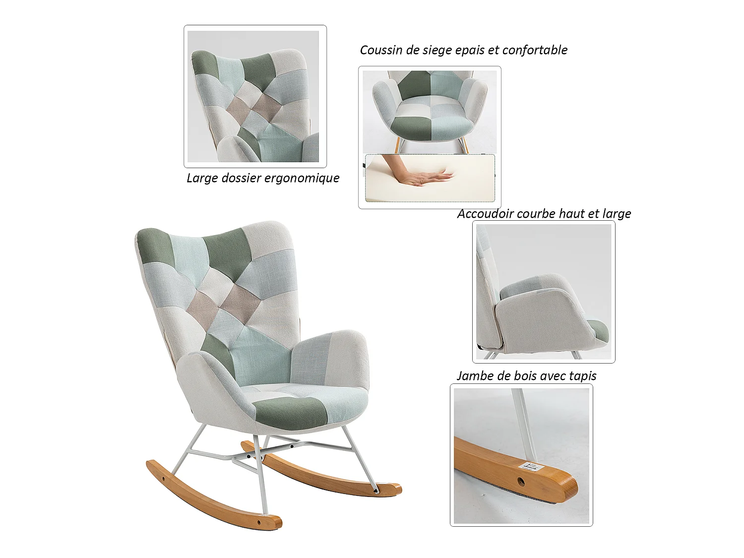 MEUBLES COSY Fauteuil à bascule allaitement scandinave rocking chaise loisir et repos en tissu patchwork avec pieds en bois massif et métal
