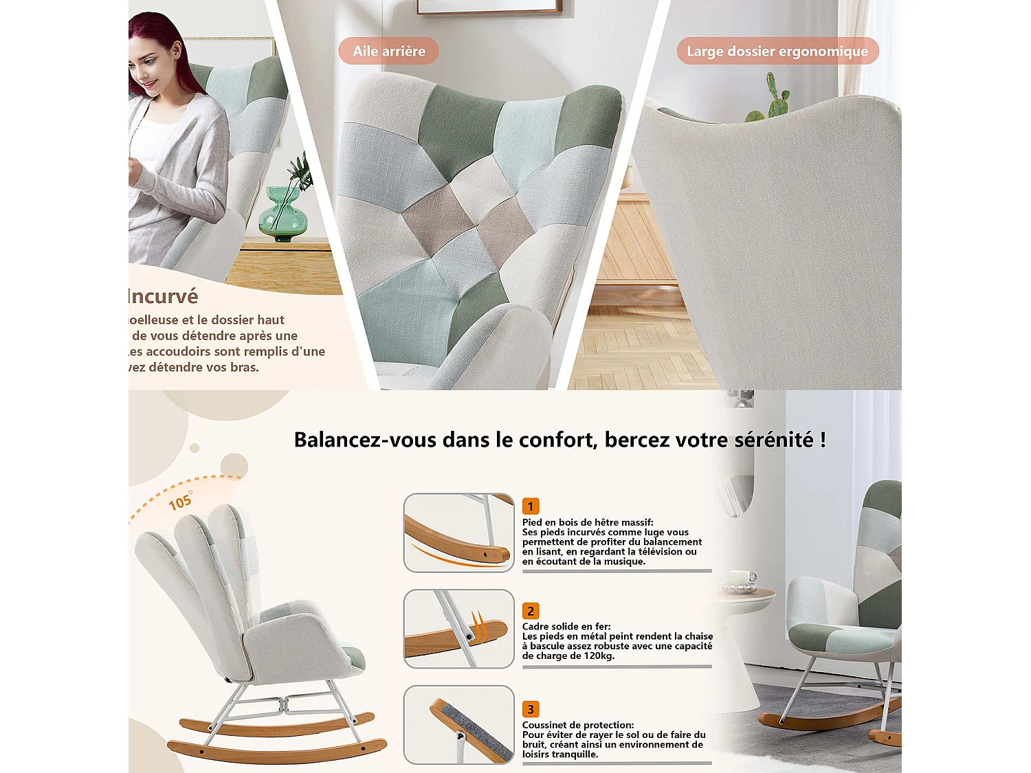 MEUBLES COSY Fauteuil à bascule allaitement scandinave rocking chaise loisir et repos en tissu patchwork avec pieds en bois massif et métal