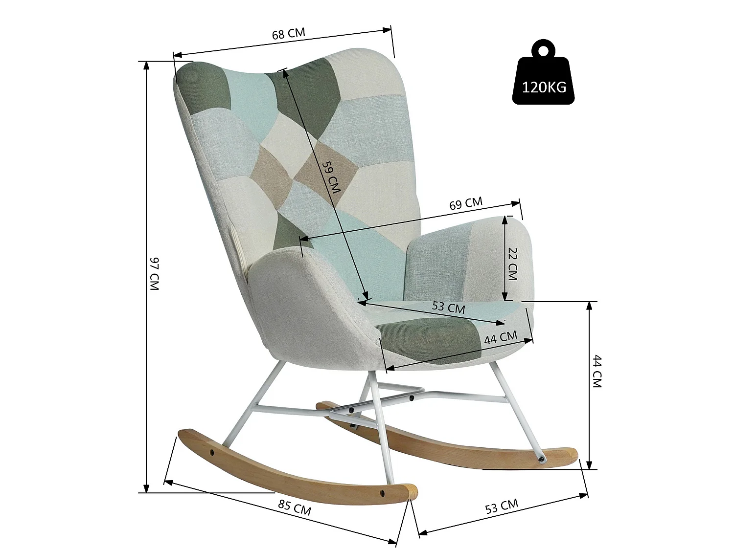 MEUBLES COSY Fauteuil à bascule allaitement scandinave rocking chaise loisir et repos en tissu patchwork avec pieds en bois massif et métal