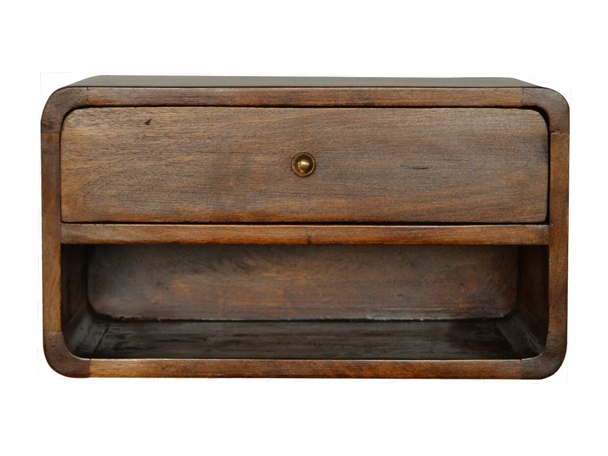 Szafka nocna Floating Curved z drewna kasztanowego Artisan Furniture, 1 szuflada, 1 otwarta półka, gładka brązowa