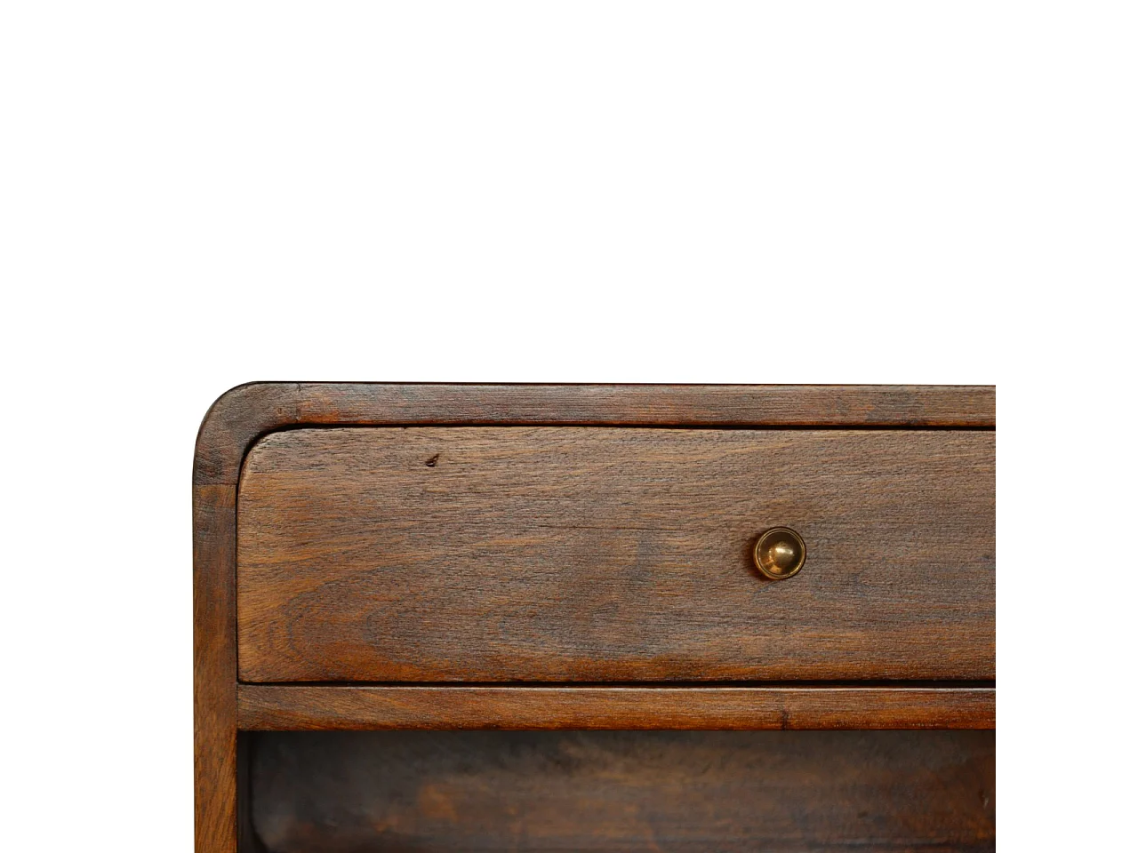 Szafka nocna Floating Curved z drewna kasztanowego Artisan Furniture, 1 szuflada, 1 otwarta półka, gładka brązowa