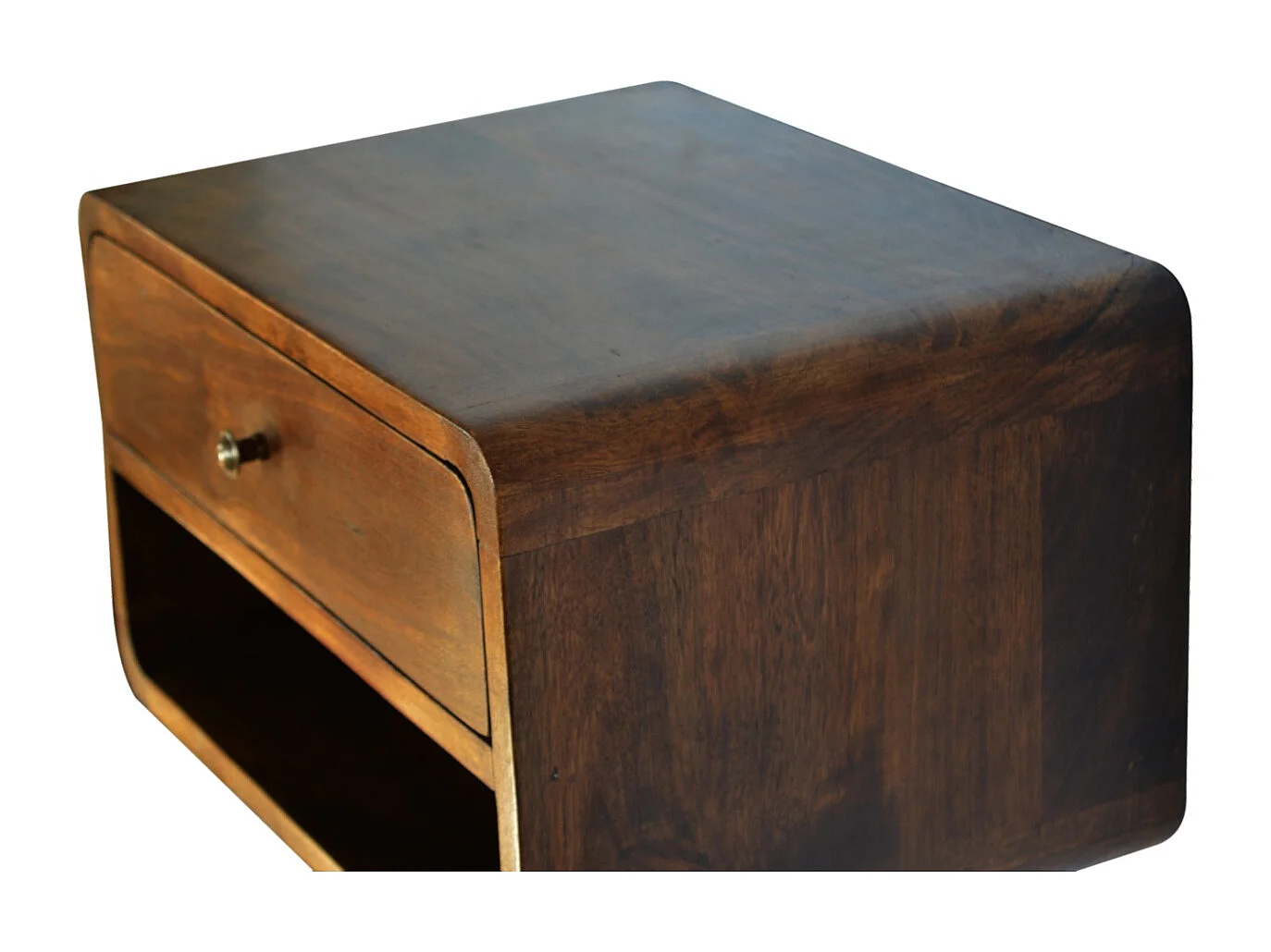 Szafka nocna Floating Curved z drewna kasztanowego Artisan Furniture, 1 szuflada, 1 otwarta półka, gładka brązowa