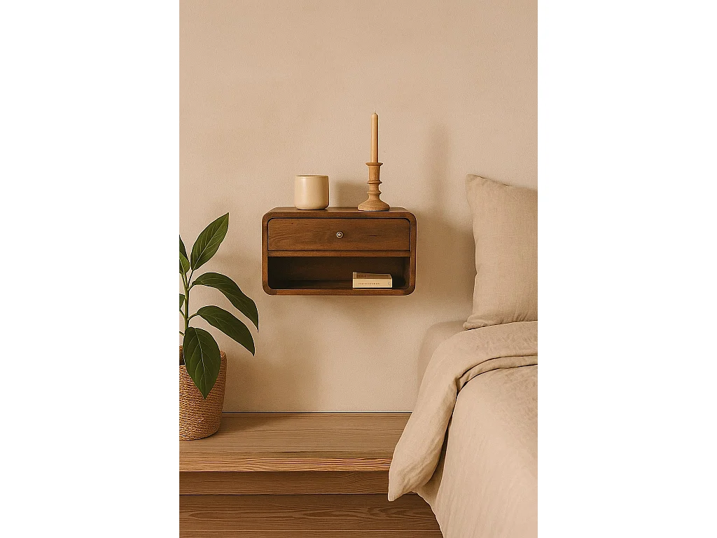 Gebogener Hänge-Nachttisch von Artisan Furniture aus massivem Kastanienholz, 1 Schublade, braun.
