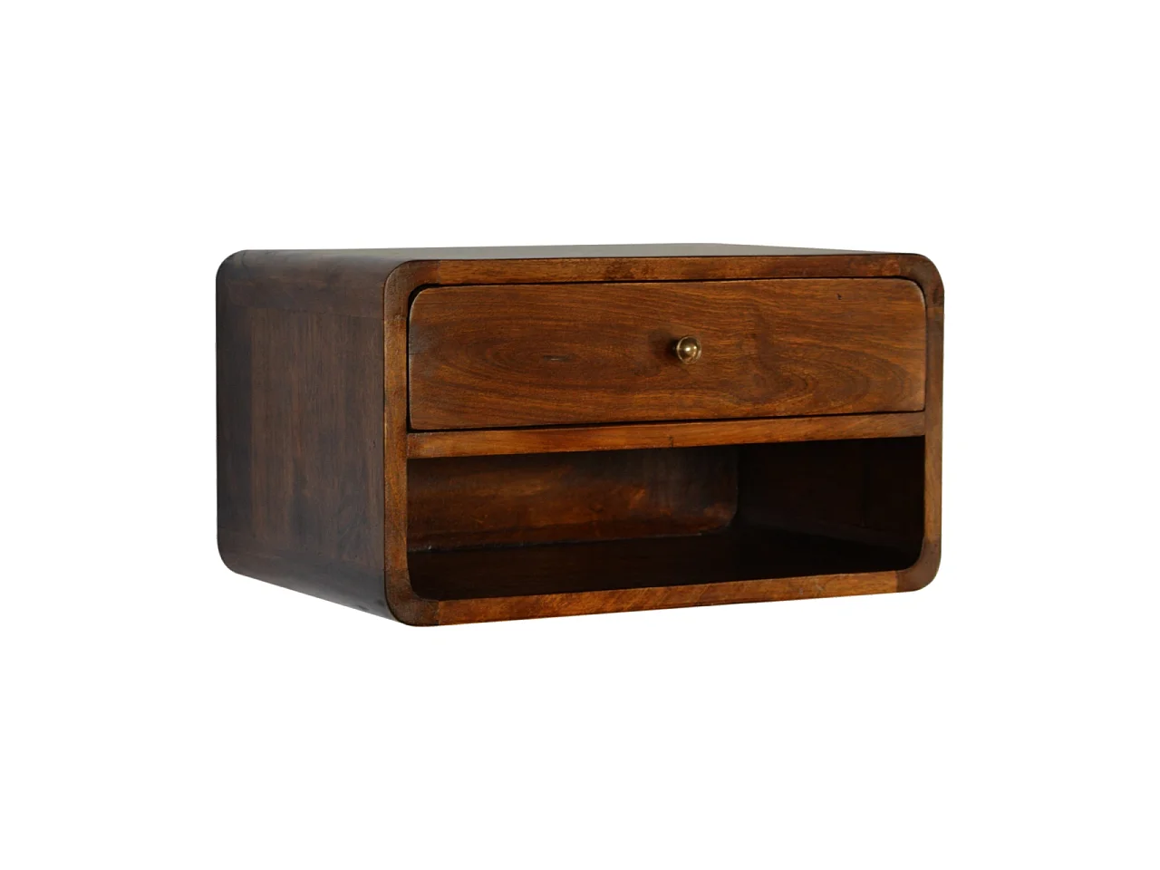 Gebogener Hänge-Nachttisch von Artisan Furniture aus massivem Kastanienholz, 1 Schublade, braun.