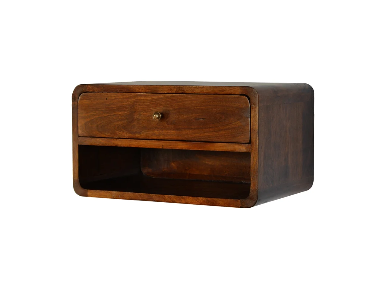 Gebogener Hänge-Nachttisch von Artisan Furniture aus massivem Kastanienholz, 1 Schublade, braun.