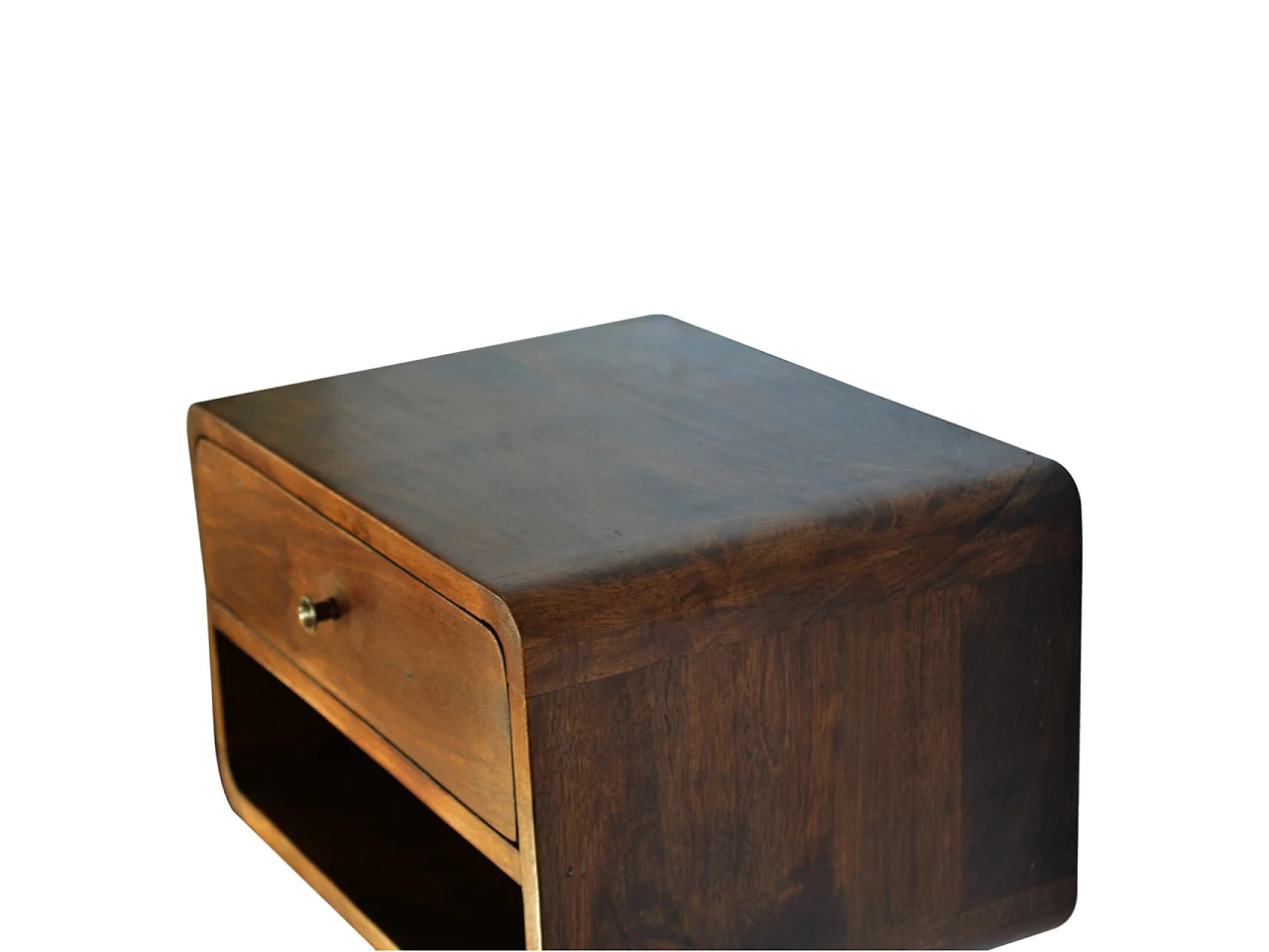 Gebogener Hänge-Nachttisch von Artisan Furniture aus massivem Kastanienholz, 1 Schublade, braun.