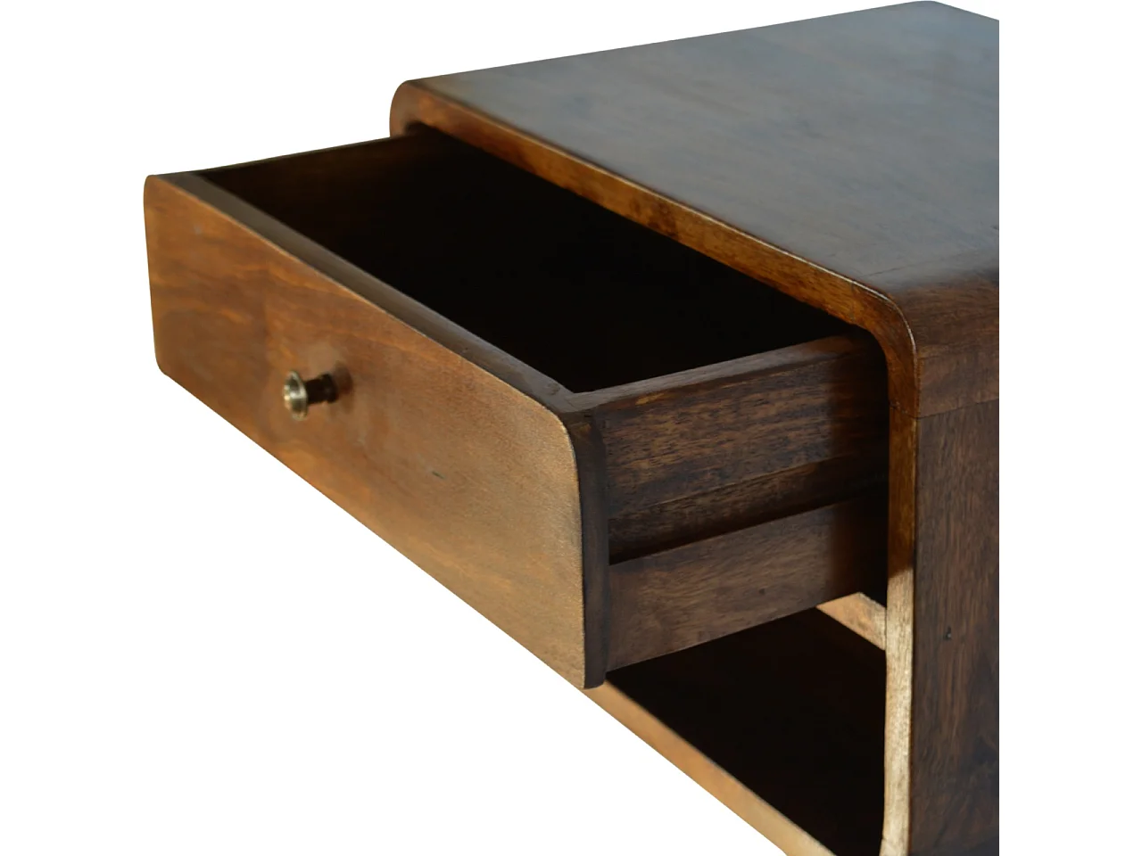 Gebogener Hänge-Nachttisch von Artisan Furniture aus massivem Kastanienholz, 1 Schublade, braun.