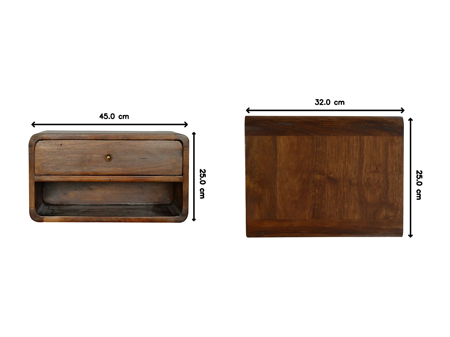 Szafka nocna Floating Curved z drewna kasztanowego Artisan Furniture, 1 szuflada, 1 otwarta półka, gładka brązowa