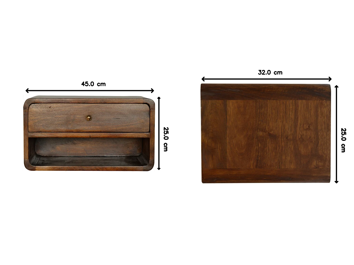 Gebogener Hänge-Nachttisch von Artisan Furniture aus massivem Kastanienholz, 1 Schublade, braun.