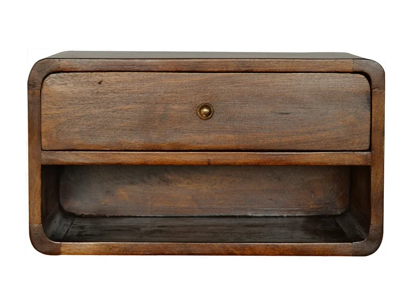 Artisan Furniture Massief Houten Kastanje Floating Bedtafel met Gebogen Ontwerp en Open Sleuf, Slaapkamer Nachtkastje