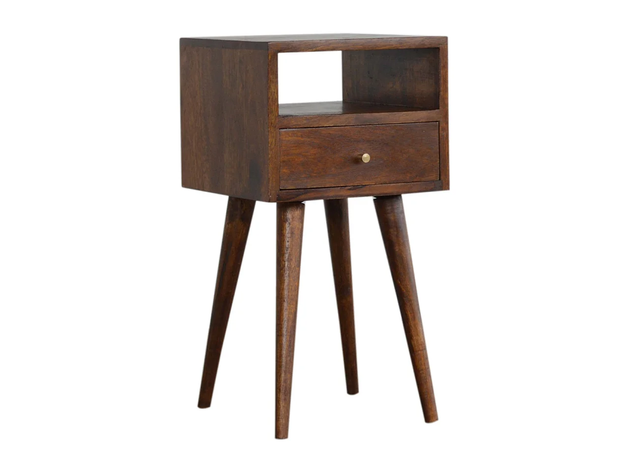 Miniaturowy stolik nocny firmy Artisan Furniture z litego drewna w wykończeniu kasztanowym, 1 szuflada, brązowy