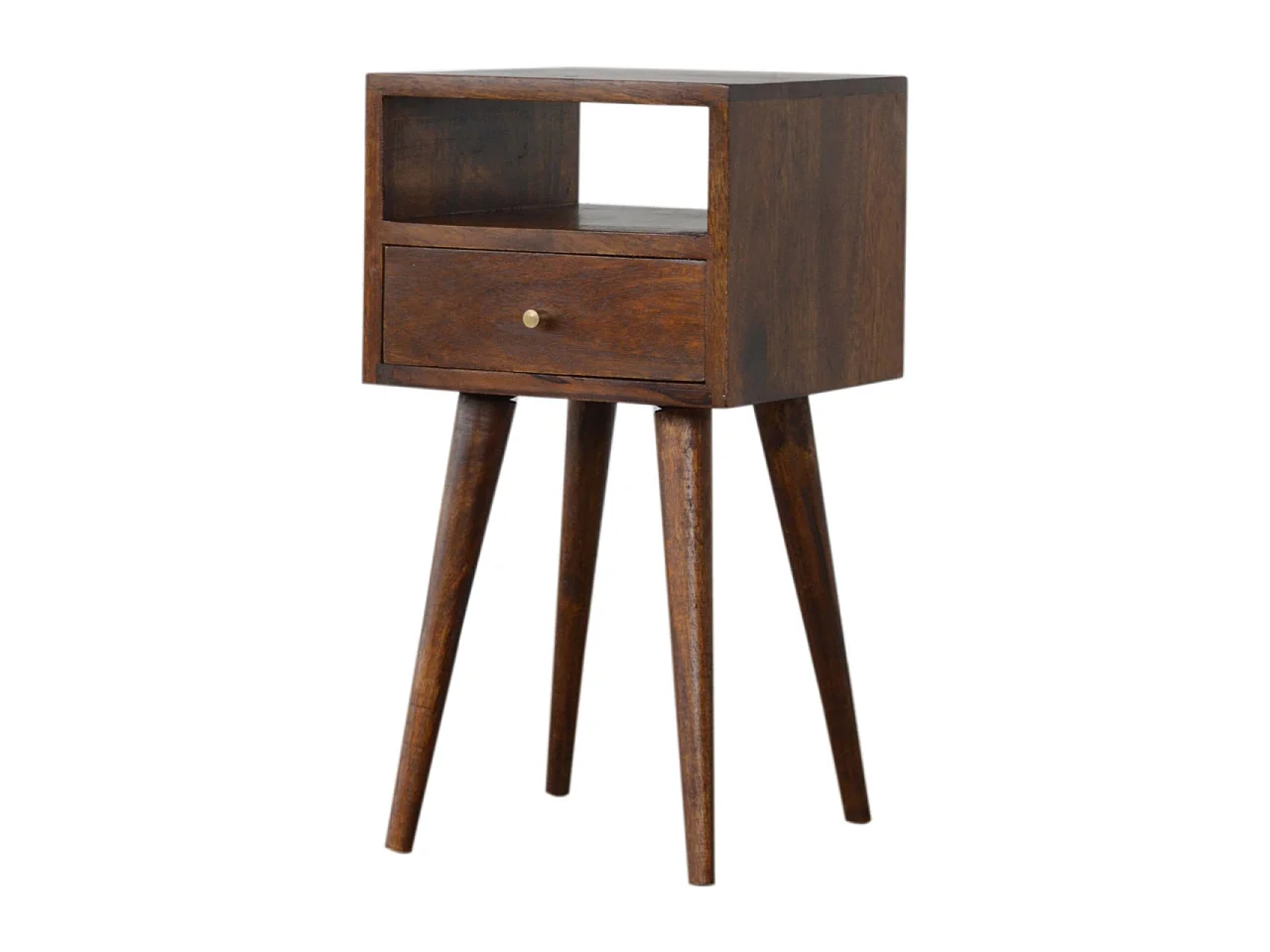 Miniaturowy stolik nocny firmy Artisan Furniture z litego drewna w wykończeniu kasztanowym, 1 szuflada, brązowy