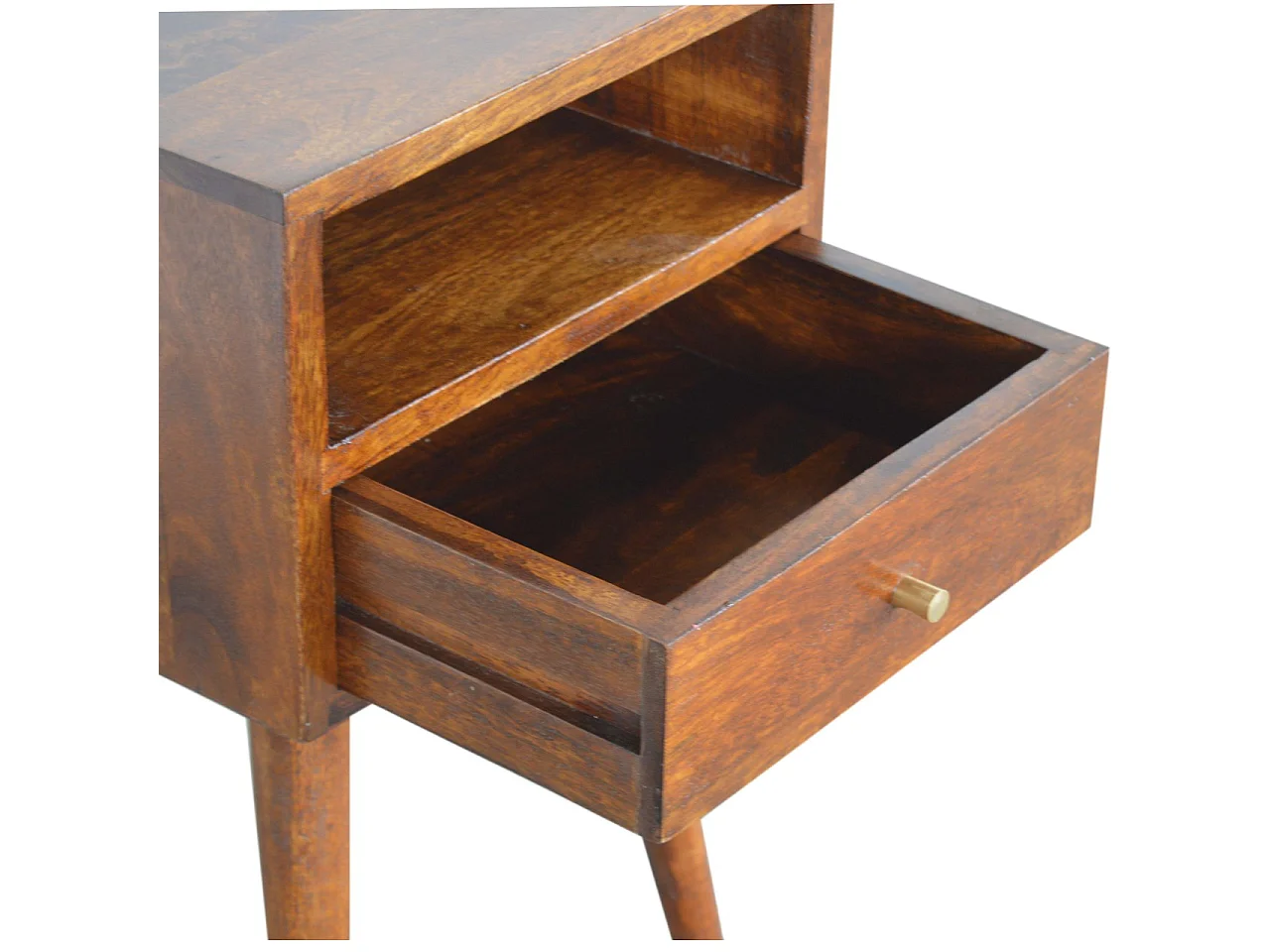 Miniaturowy stolik nocny firmy Artisan Furniture z litego drewna w wykończeniu kasztanowym, 1 szuflada, brązowy