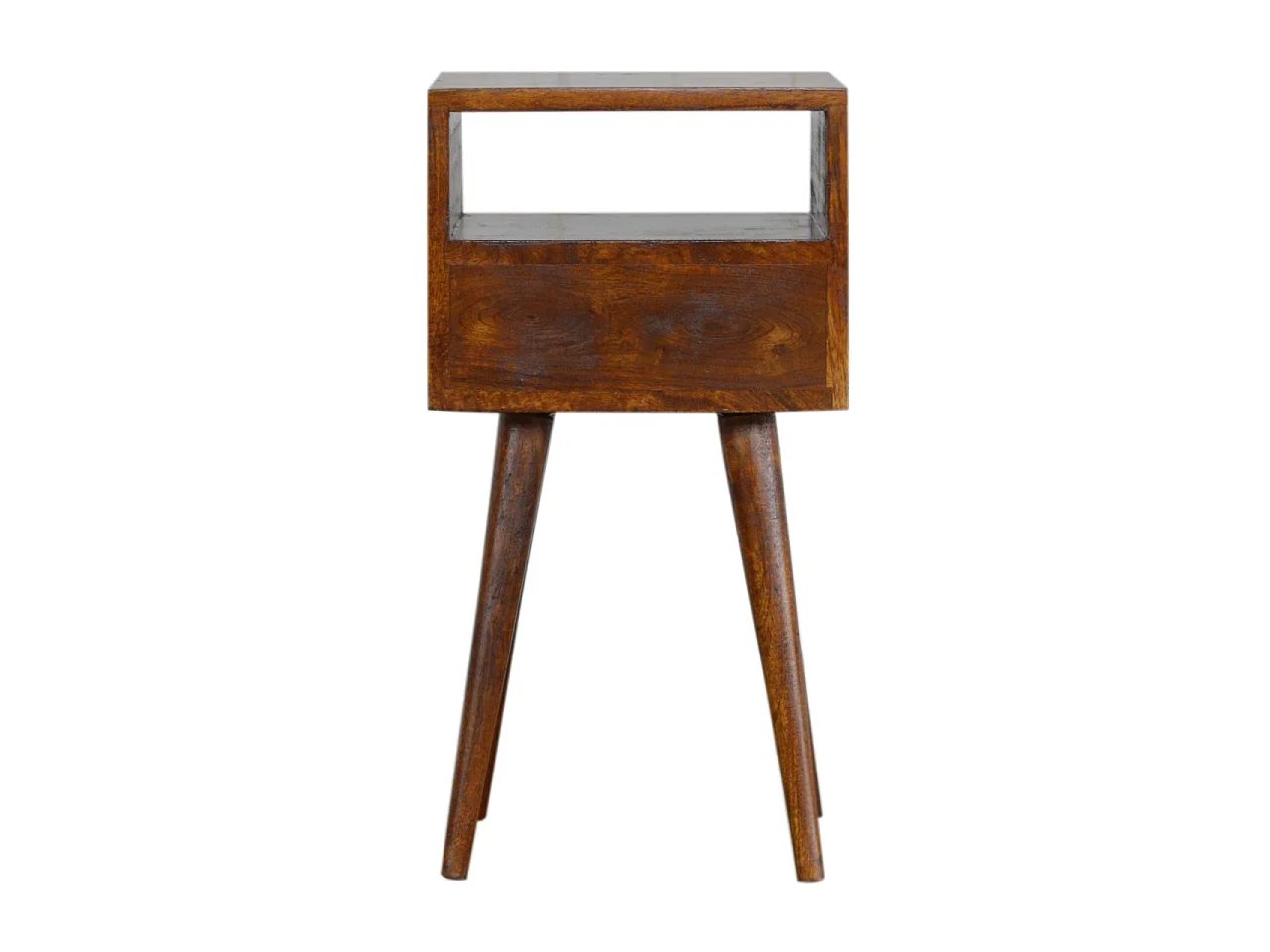 Miniaturowy stolik nocny firmy Artisan Furniture z litego drewna w wykończeniu kasztanowym, 1 szuflada, brązowy