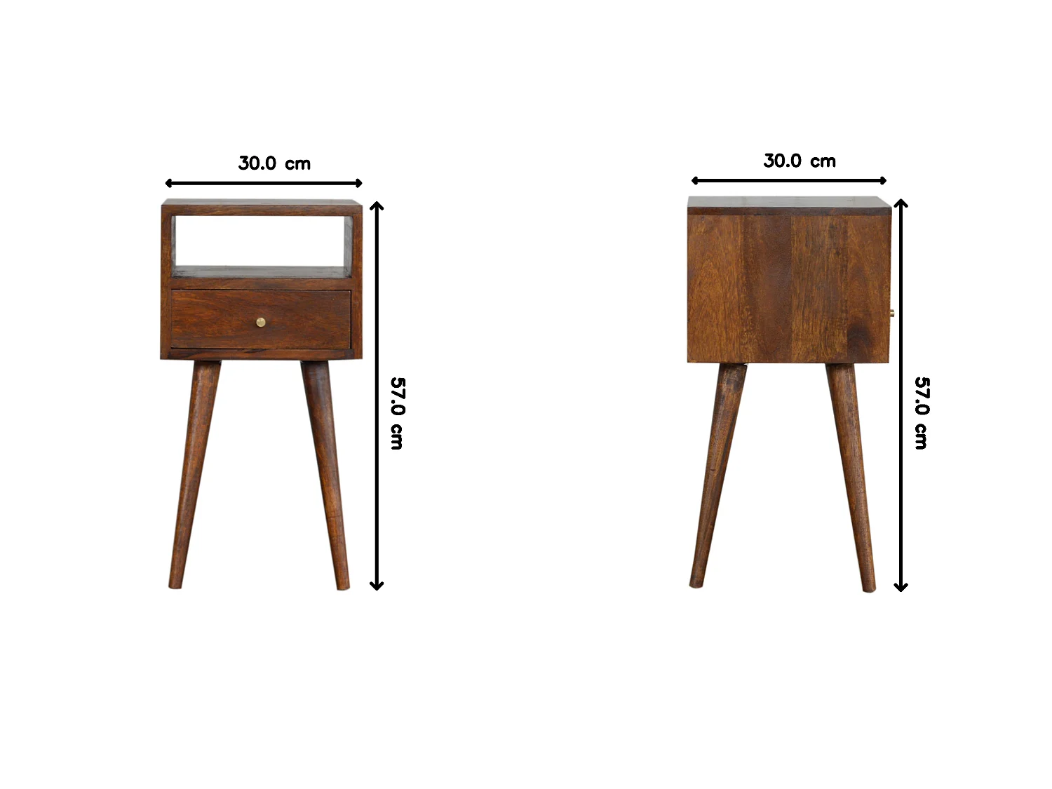Miniaturowy stolik nocny firmy Artisan Furniture z litego drewna w wykończeniu kasztanowym, 1 szuflada, brązowy