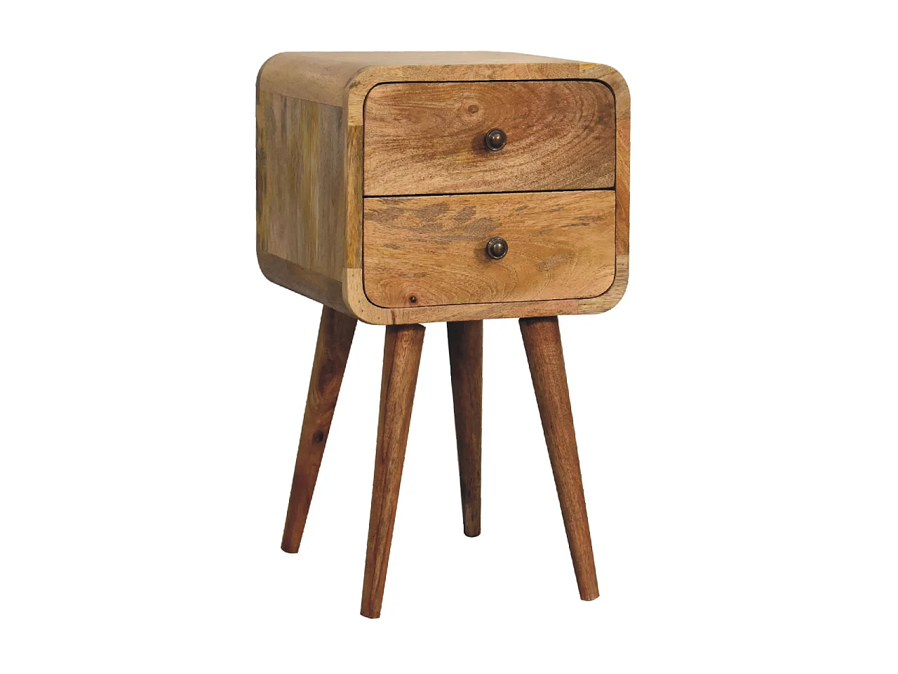 Mini-Nachttisch von Artisan Furniture aus Massivholz mit heller Eichenoberfläche, 2 Schubladen, beige Farbe.