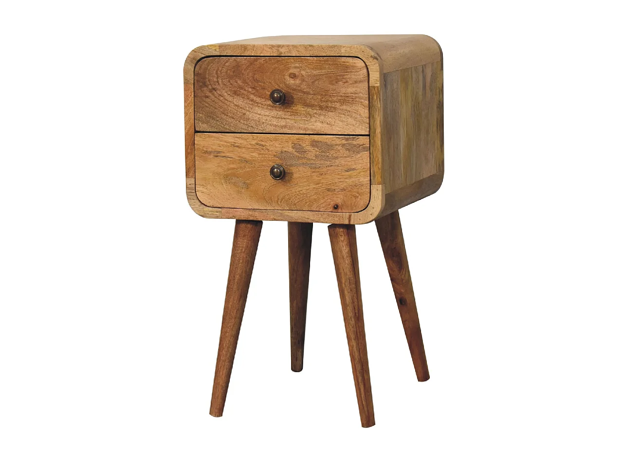 Mini-Nachttisch von Artisan Furniture aus Massivholz mit heller Eichenoberfläche, 2 Schubladen, beige Farbe.
