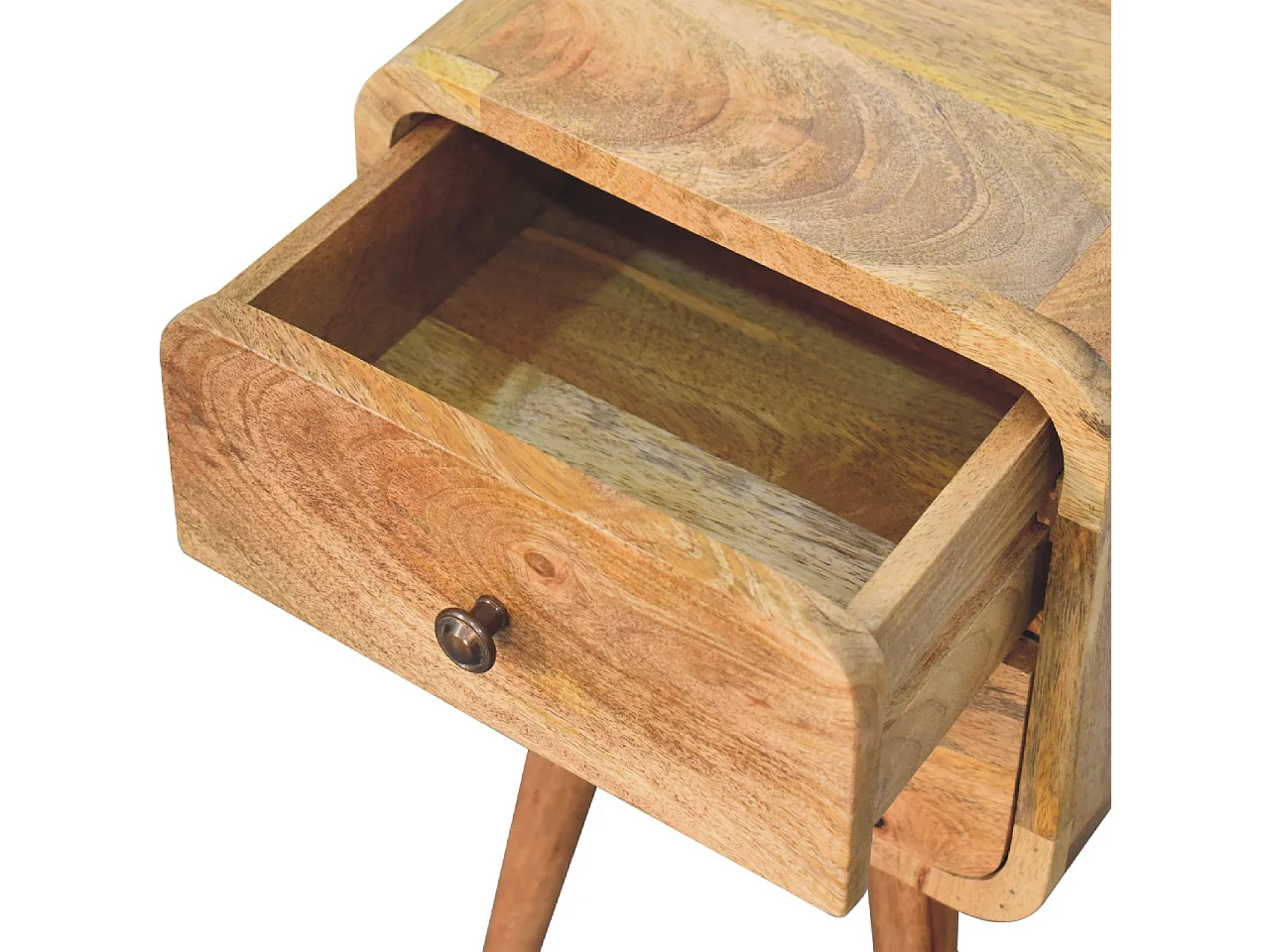 Mini-Nachttisch von Artisan Furniture aus Massivholz mit heller Eichenoberfläche, 2 Schubladen, beige Farbe.