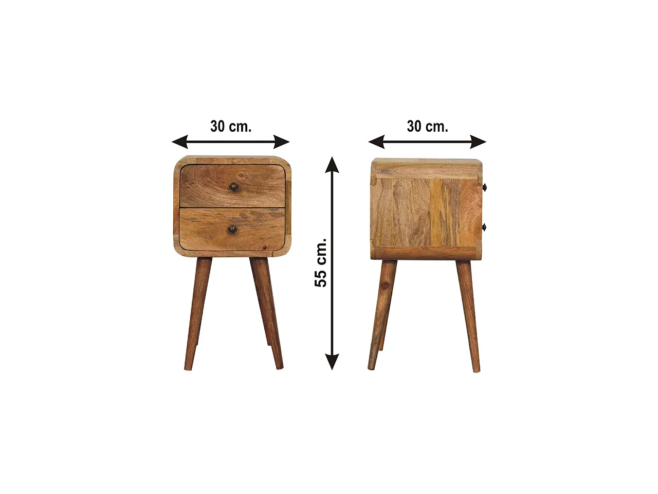 Mini-Nachttisch von Artisan Furniture aus Massivholz mit heller Eichenoberfläche, 2 Schubladen, beige Farbe.