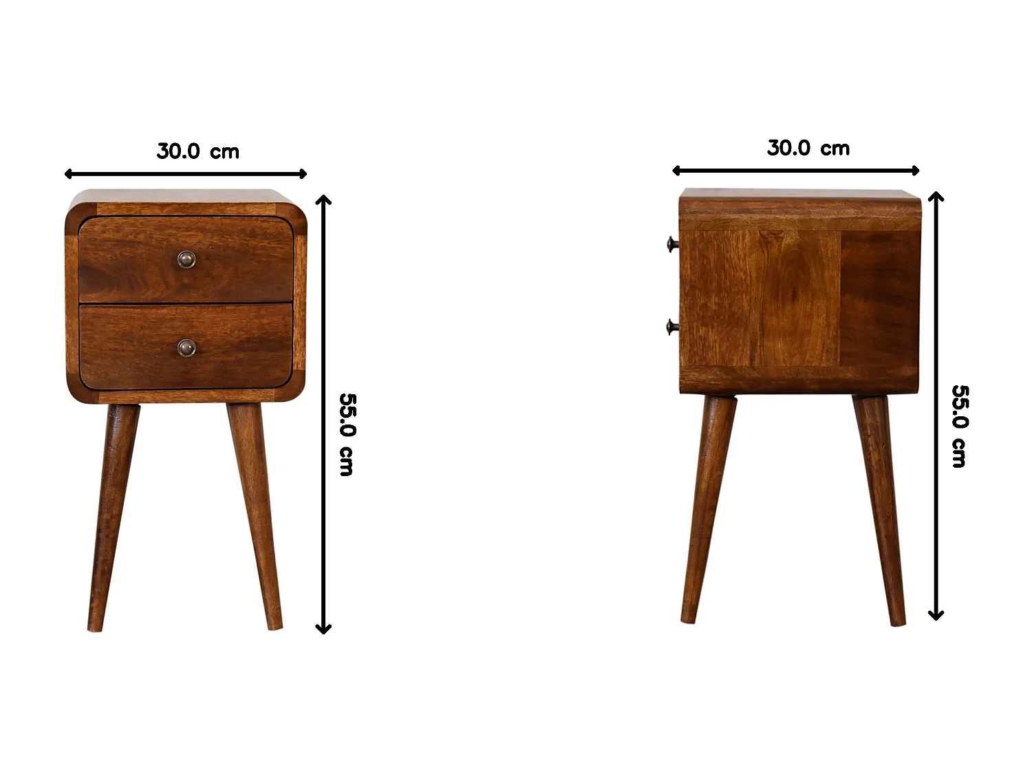 Table de chevet Mini courbée en châtaignier Artisan Furniture, 2 tiroirs, marron