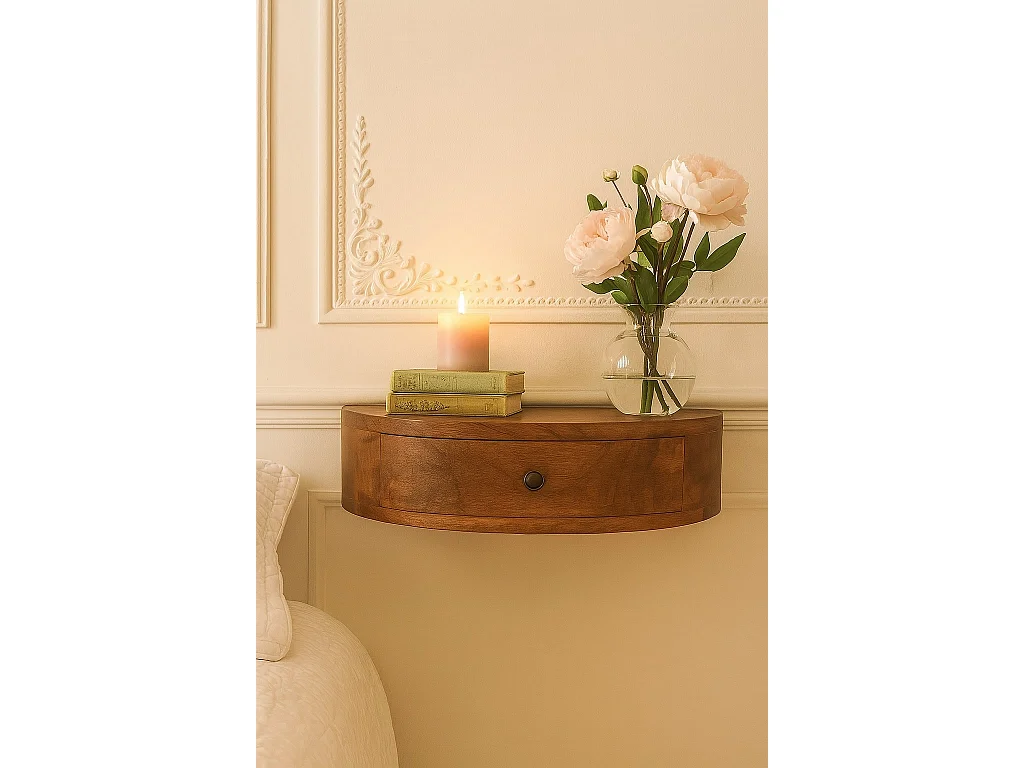 Ronde wandnachtkast van massief hout met 1 lade van Artisan Furniture, beige.