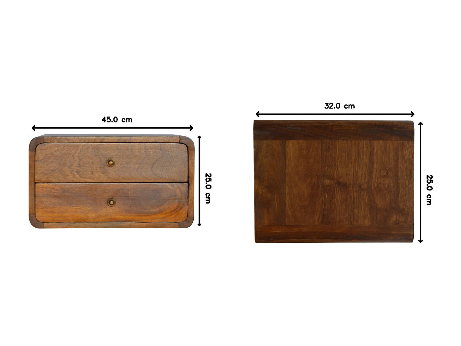 Table de chevet flottante courbée en châtaignier Artisan Furniture, 2 tiroirs, marron clair