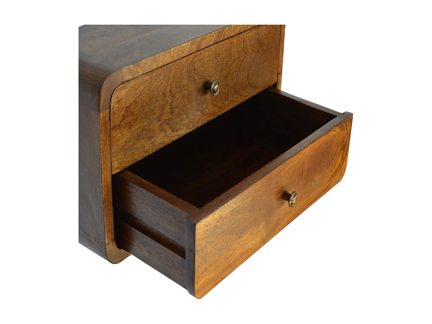 Artisan Furniture Massief Houten Floating Gebogen Kastanje Bedtafel met 2 Laden, Slaapkamer Nachtkastje