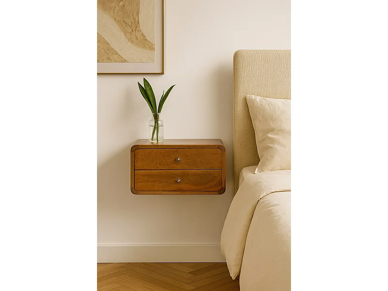 Table de chevet flottante courbée en châtaignier Artisan Furniture, 2 tiroirs, marron clair